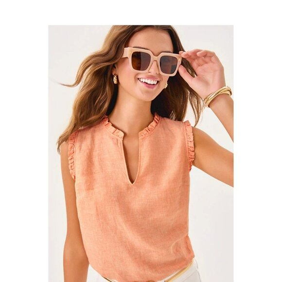 Lilly Pulitzer Tops - Lilly Pulitzer NWT Kavalla Linen Top • Papaya X Resort White • Size M • Ruffle